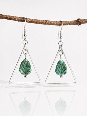 Boho Turquoise Leaf Geometric Dangle Earrings Silver Tone